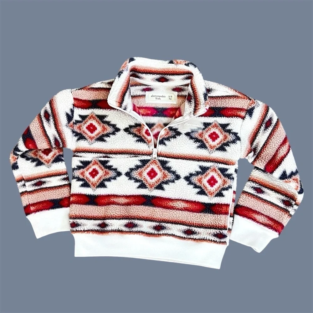 Abercrombie Kids Half Zip Fleece Pullover Sweatshirt White Aztec Print Size 5/6